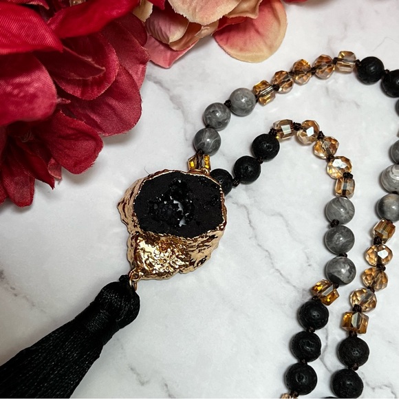 Natural Stone Necklace with Gold Dipped Hematite Geode Druzy Pendant & Tassel - Picture 13 of 16